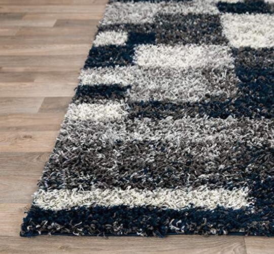 Navy Distressed Modern Boxes Plush Shag Area Rug — Non-Shedding Soft for