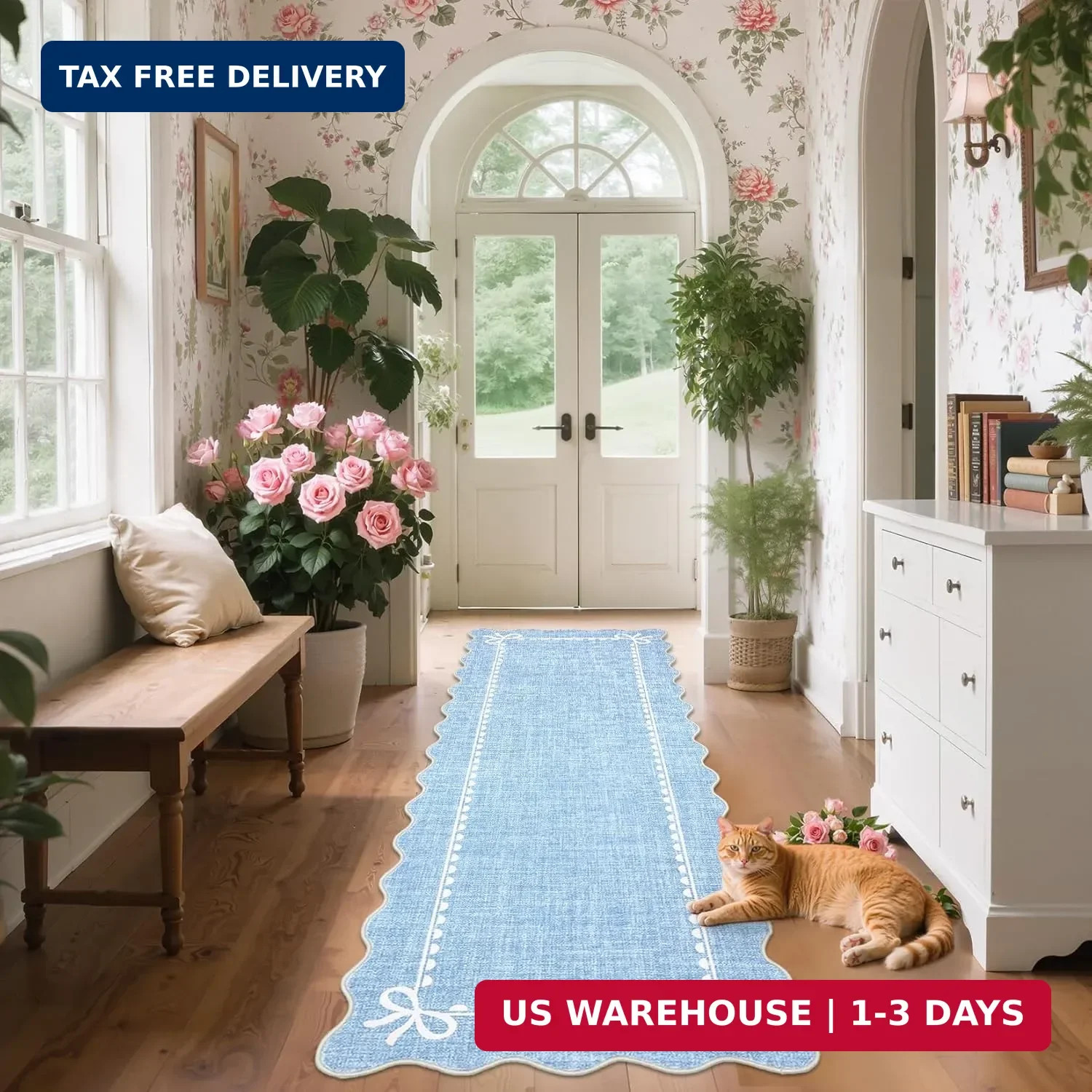 Scalloped Bow Rug for Living Room, Solid Blue Rug for Dorm, Washable Runner