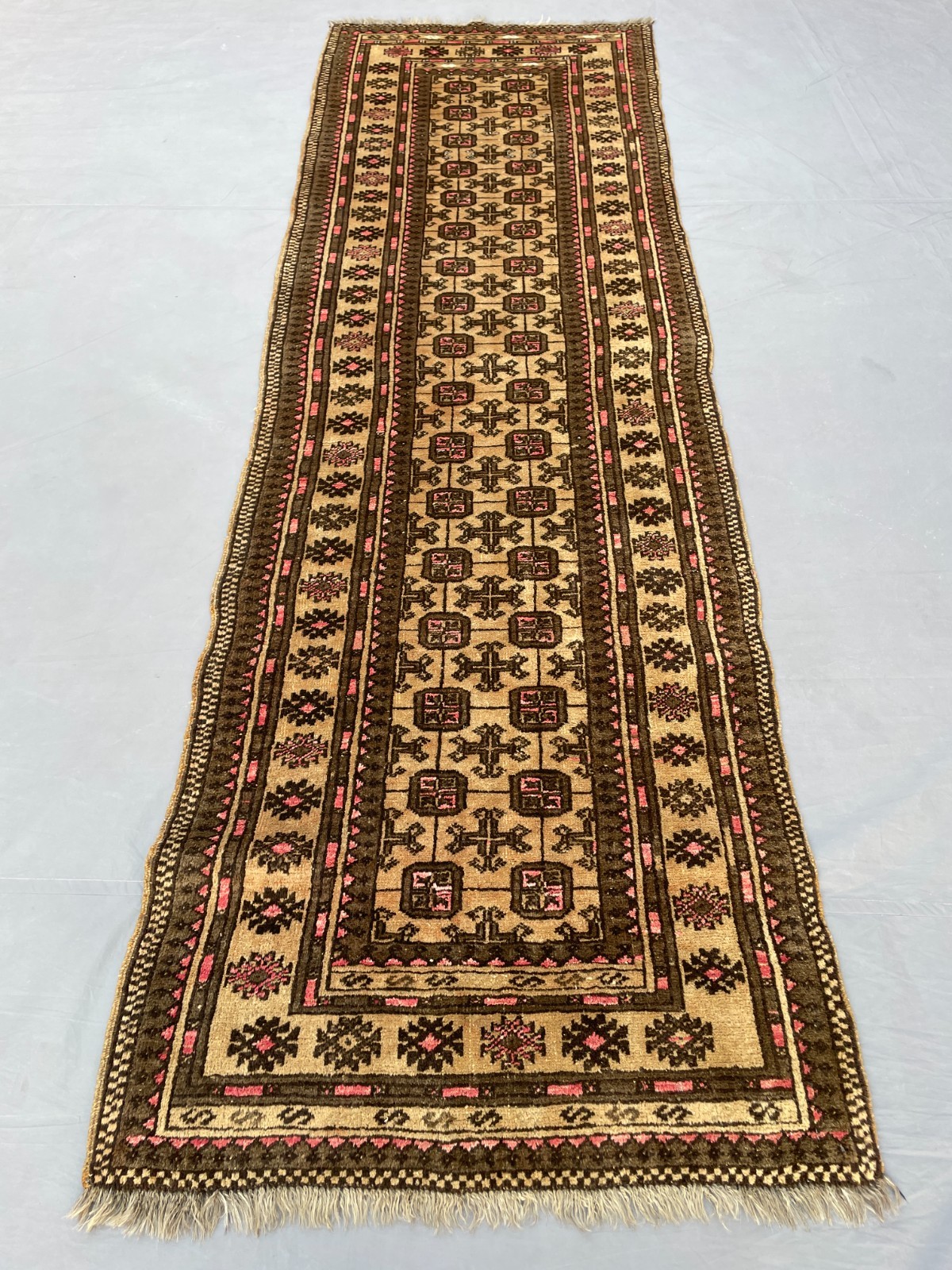 2×8 Handmade Turkoman Runner Rug Afghan Wool Carpet Beige Brown Pink Tribal