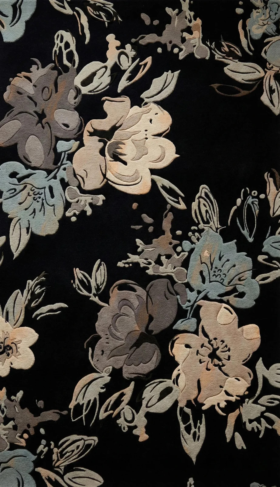 Handmade Floral Area Rug, Black Flower Wool Carpet, Botanical Living Room Rug,