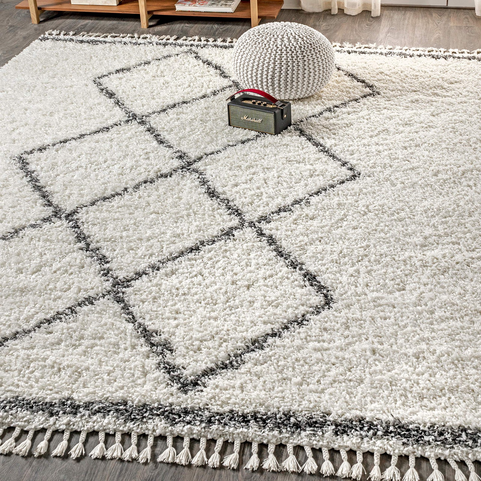 Mercer Shag Plush Tassel Cream/Gray Indoor Area Rug, 5×8, Moroccan Geometric …