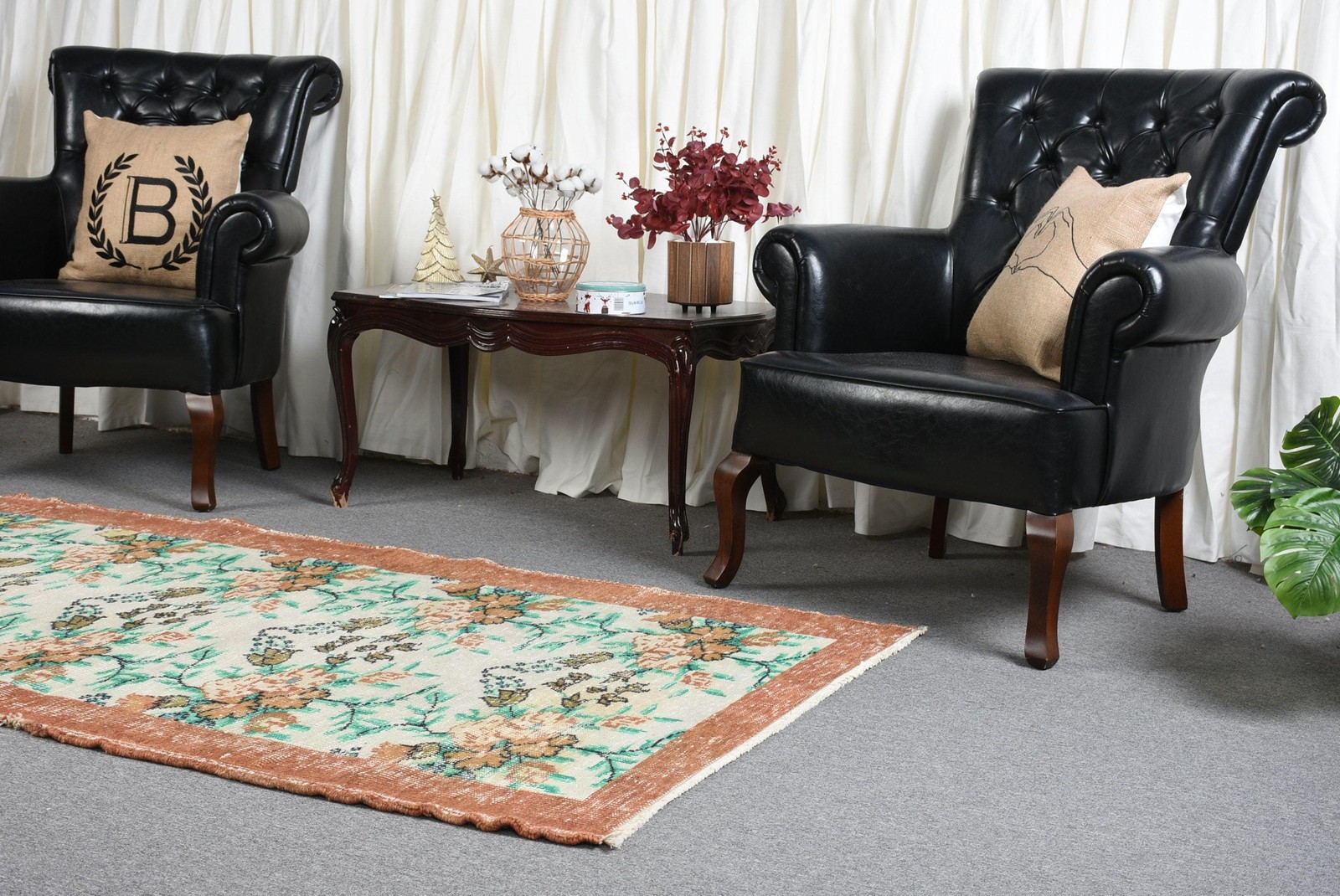 Vintage Rug, Area 4,1×6,6 ft Turkish Rug, Brown Green Animal Print Wool Rug