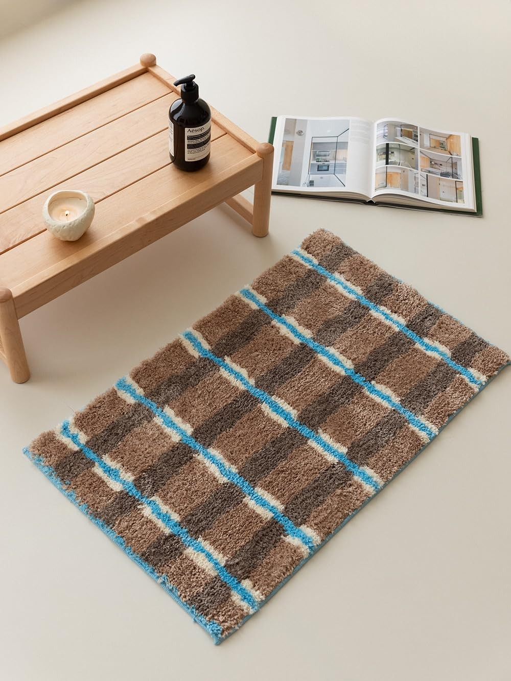 Seasalt Checked Area Rug Brown Microfiber Absorbent NonSlip 29.53×17.72 Inch