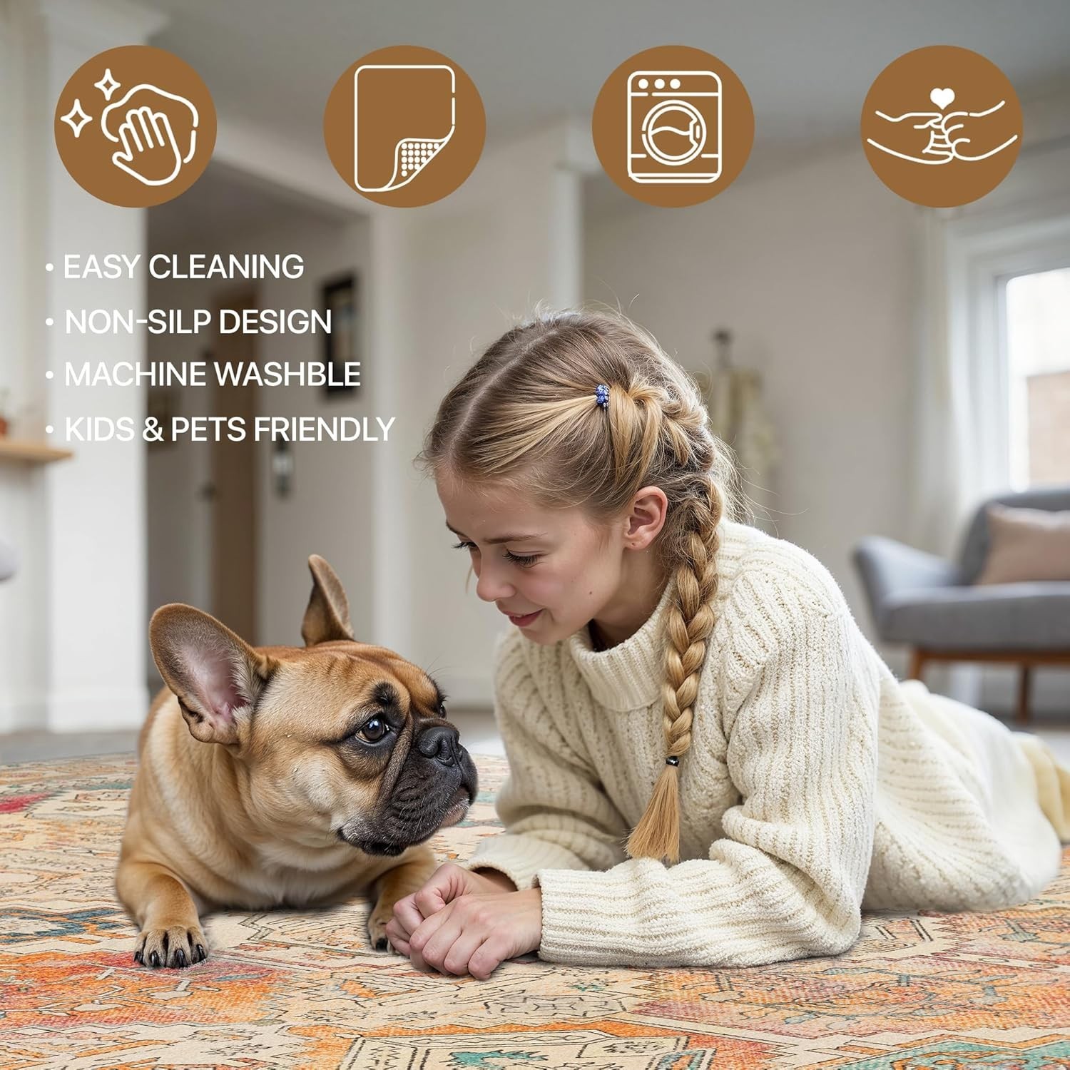 Chenille Low Pile Washable Rug 8×10 – Stylish Non-Slip Carpet for Living Room