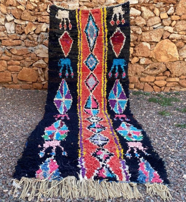 Moroccan Boucherouite Vintage Berber Rug, Unique Geometrie Home Rug 3’2×8’4ft