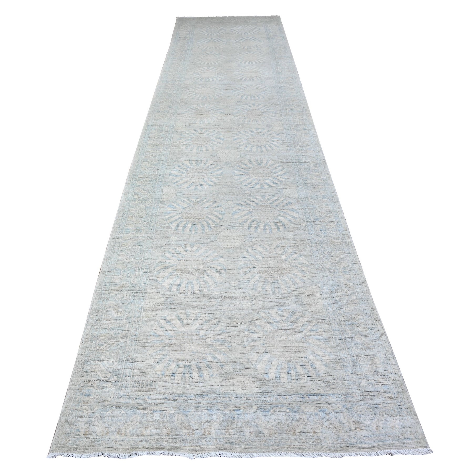 3’8″x15′ Gray White Wash Peshawar Wool Hand Knotted XL Runner Rug R88419