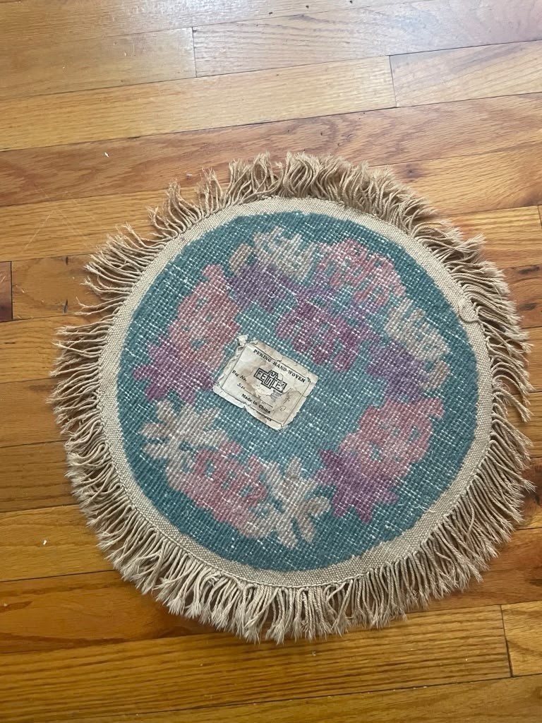 Antique Pekin Hang Woven Round Rug 1ft Chinese Floral Wreath Teal Mauve Fringe