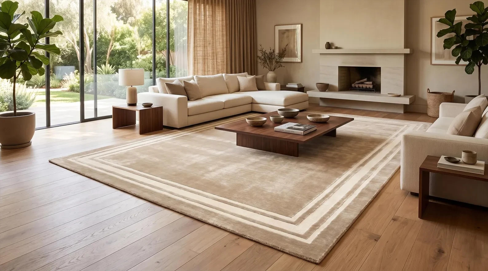 Luxury Hand Tufted Silk Rug, Neutral Beige Border Area Rug, Modern Minimalist