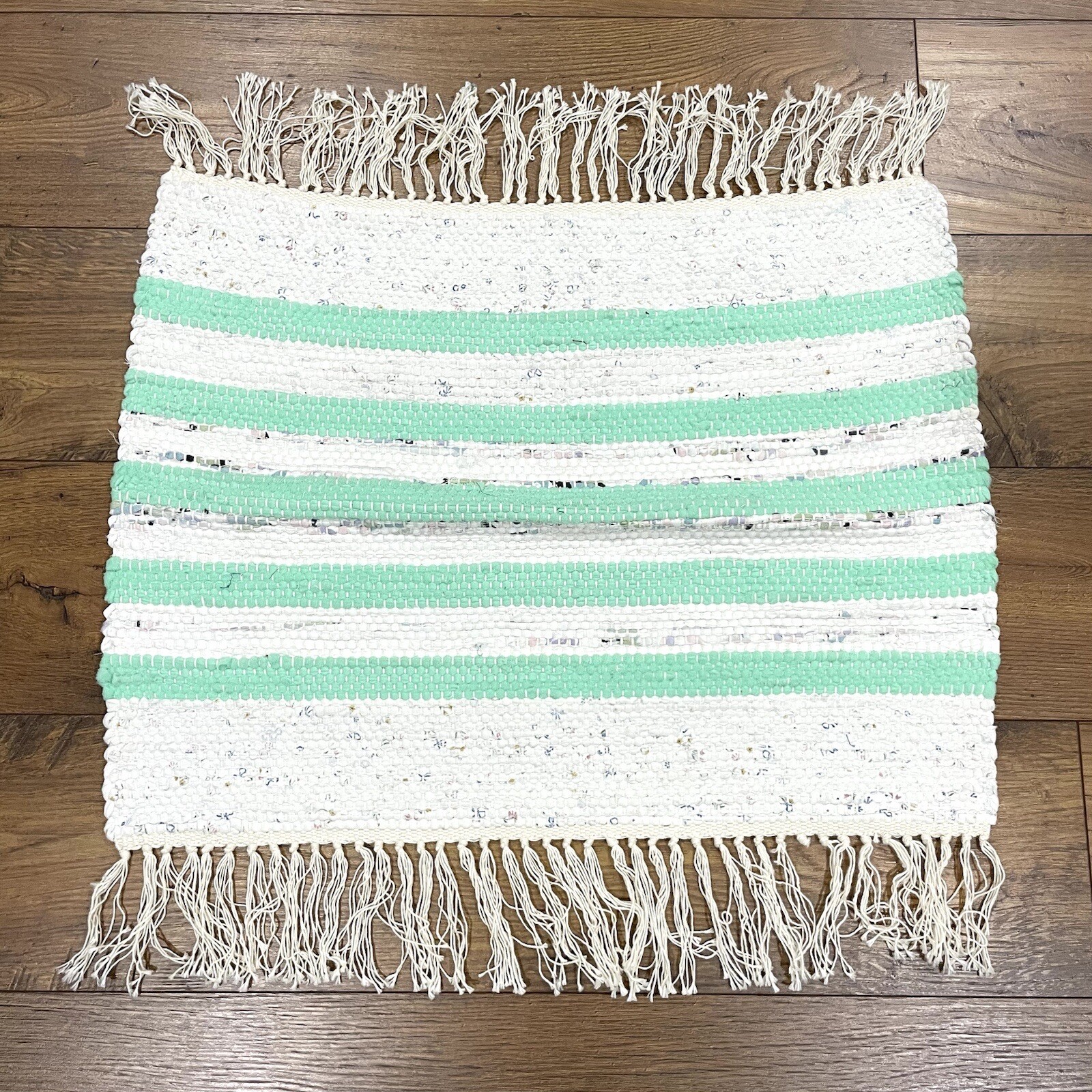 NEW Handmade Woven Rag Rug 20×26 Fringe Tassel Throw Cotton Striped Green Ivory