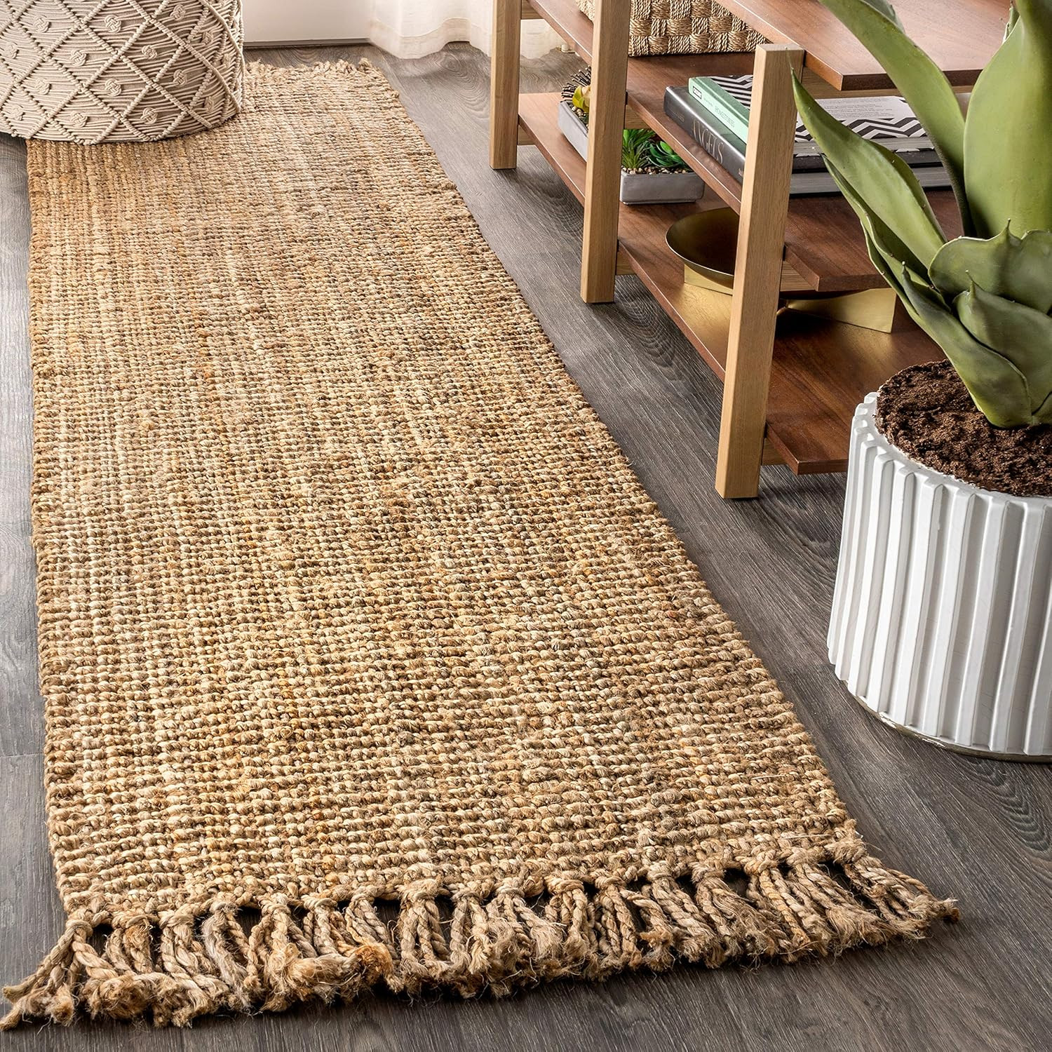 Handwoven Jute Fringe Natural Runner Rug, 2X8, Pata, Bohemian, Rustic, Cottage,