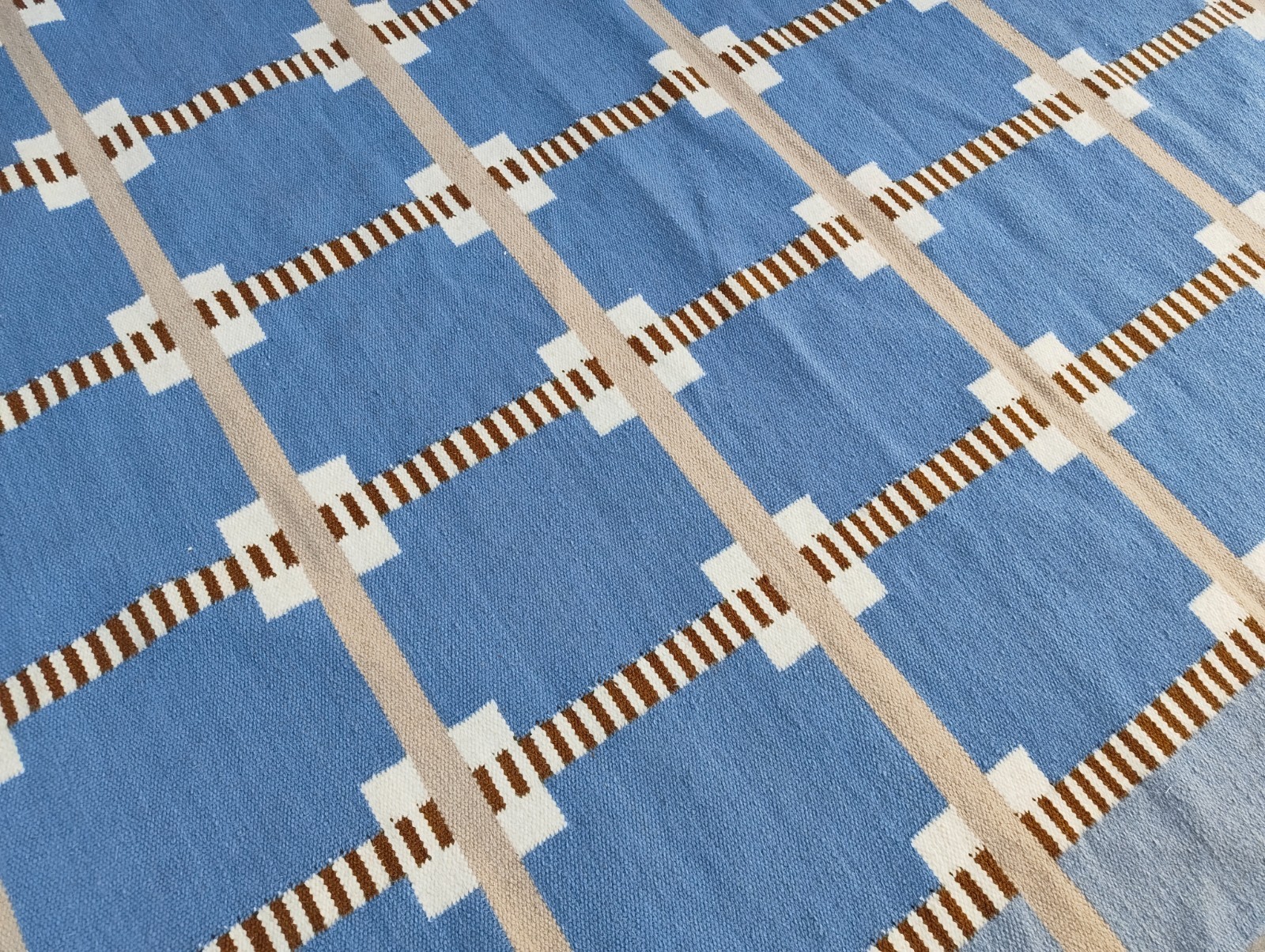 Blue Scandinavian Swedish Kilim Wool Rug Handmade Flat weave Boho Large Area Rug