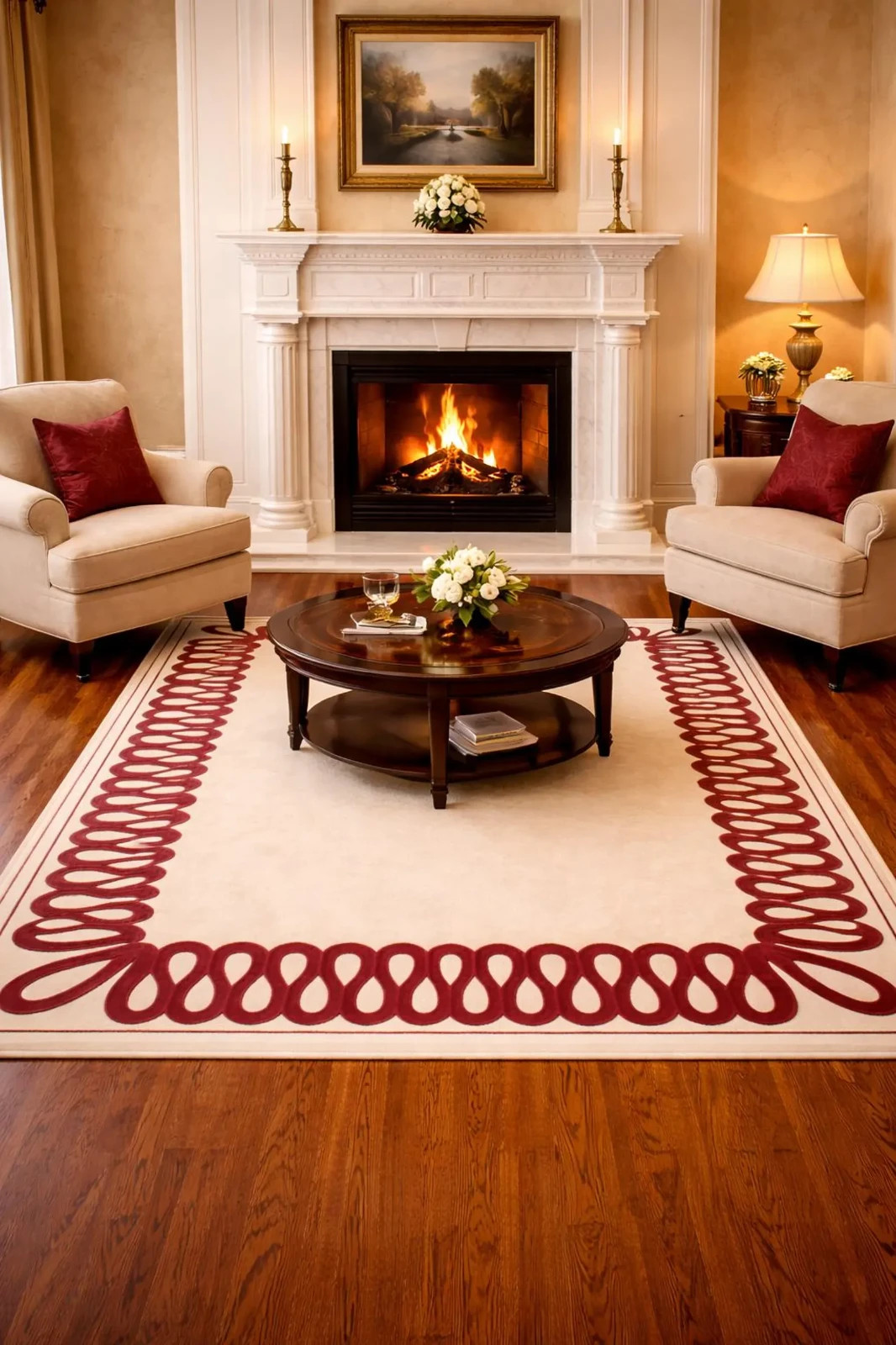 Hand Tufted Modern Loop Border Wool Rug Cream & Red Designer Area Rug for Living