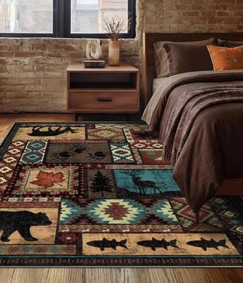 Rustic Cabin Area Rug 5×7,Machine Washable Lodge Bear Rug,Non-Slip Low Pile