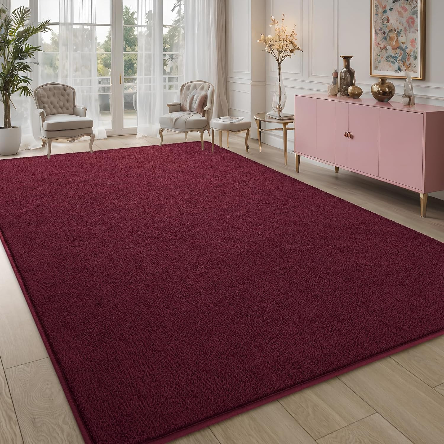 5×7 ft Burgundy Red Area Rugs for Bedroom Living Room, Washable Memory Foam Indo