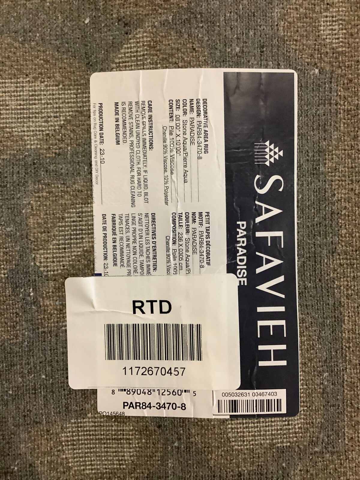 STONE / AQUA 8′-0″ x 10′-0″ Stained Rug, Reduced Price 1172670457 PAR84-3470-8