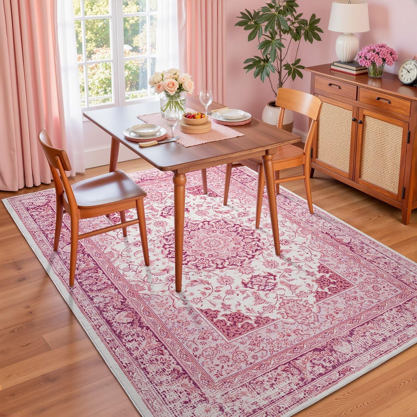 5×7 Bright Pink Area Rug for Living Room, Machine Washable Rugs with Non-Slip…