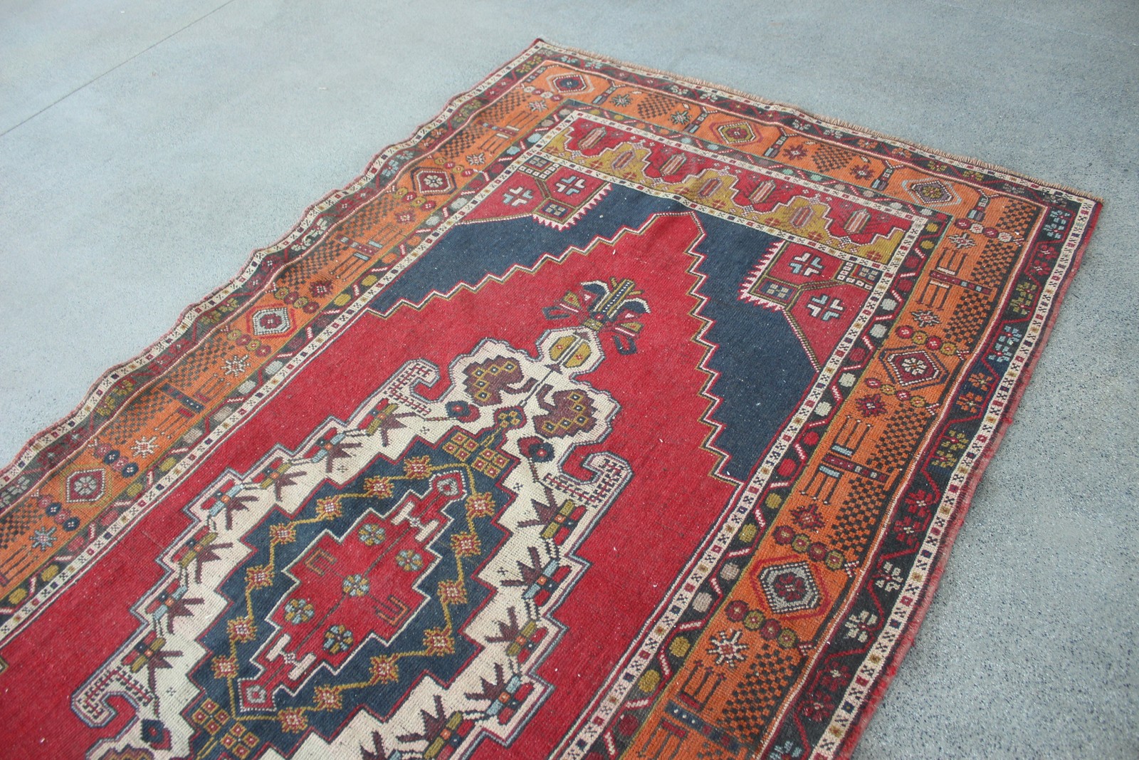 Vintage Large Rug 4,8×8,4 ft, Red Check Turkish Wool Rug