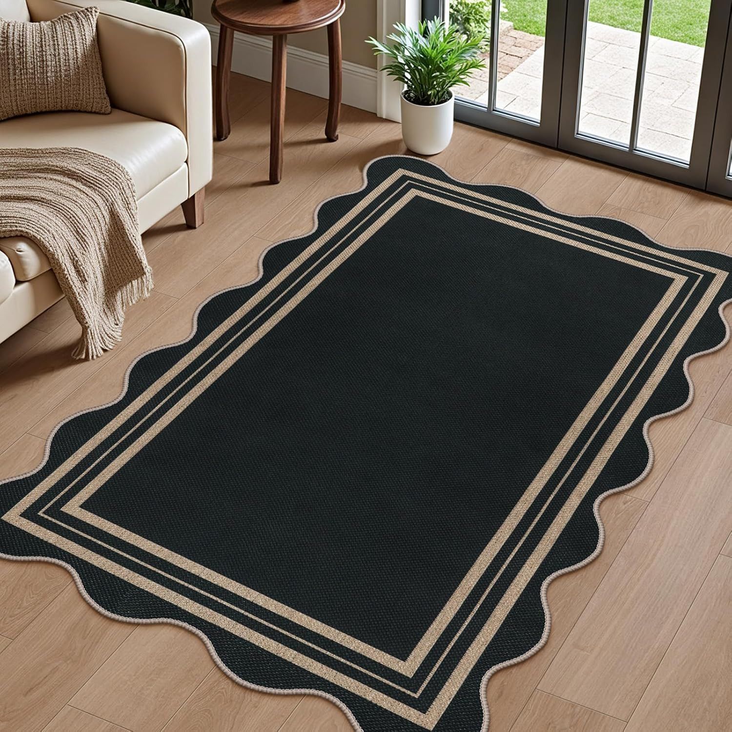 Scalloped Easy Jute 3X5 Outdoor Rug, Washable Rugs for Entryway Black Front Door
