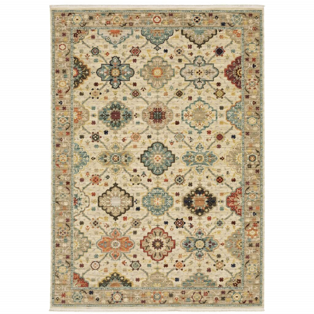 5′ X 8′ Beige Pale Blue Rust Gold Tan Brown And Orange Oriental Power Loom Stain