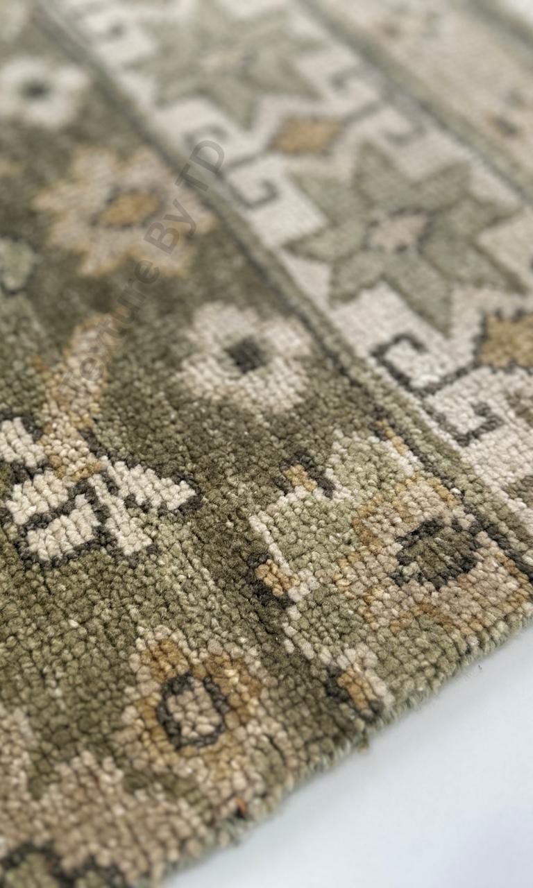 Hand Knotted Wool Rug | Tribal Oushak Style Green Anatolian Carpet