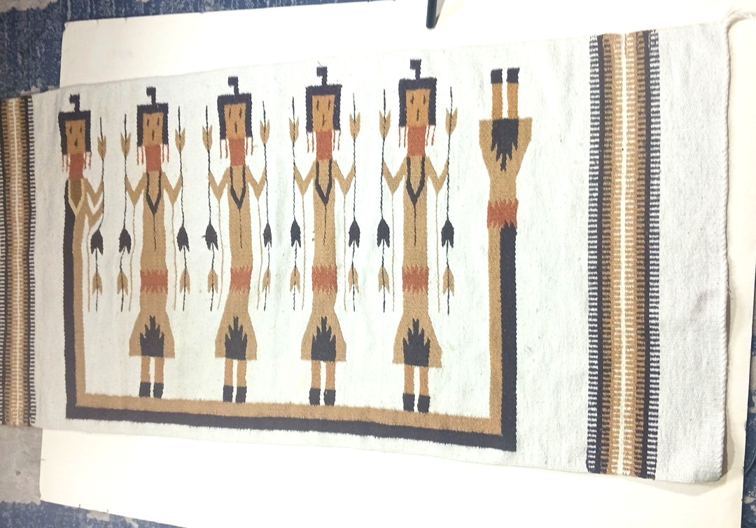 Imported Yei Wool Rug 5 figures Gold Brown White Cotton/Poly 60×27.5