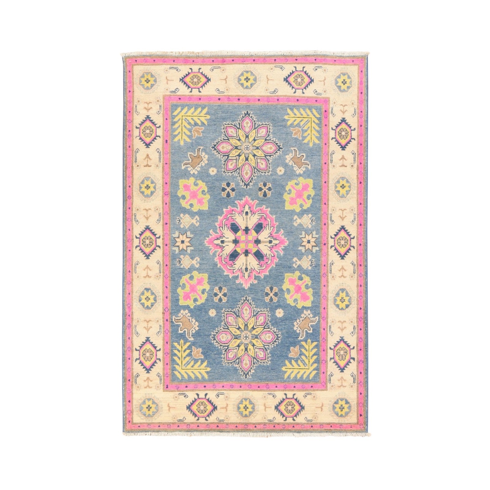 4’x6’4″ Blue Fusion Kazak with Medallions Pure Wool Hand Knotted Rug 78676