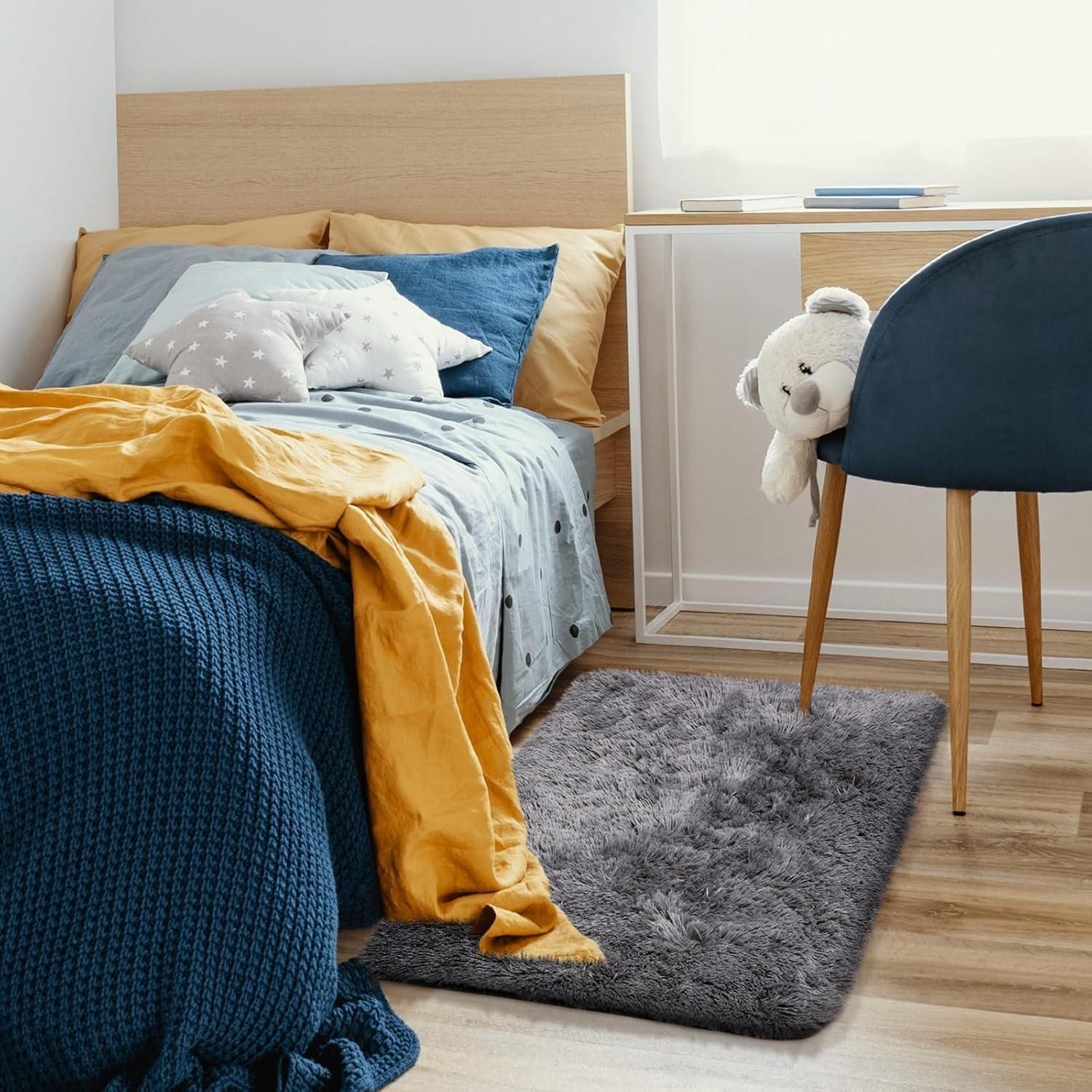 Ophanie Small Rug Upgrade Non Slip Throw Bedside Area Rugs, Fluffy Soft Grey Min