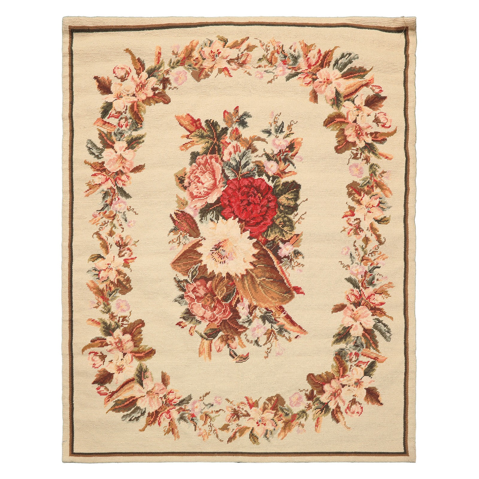 4×5 Hand Woven Wool Ivory French Needlepoint Traditional Floral Rug