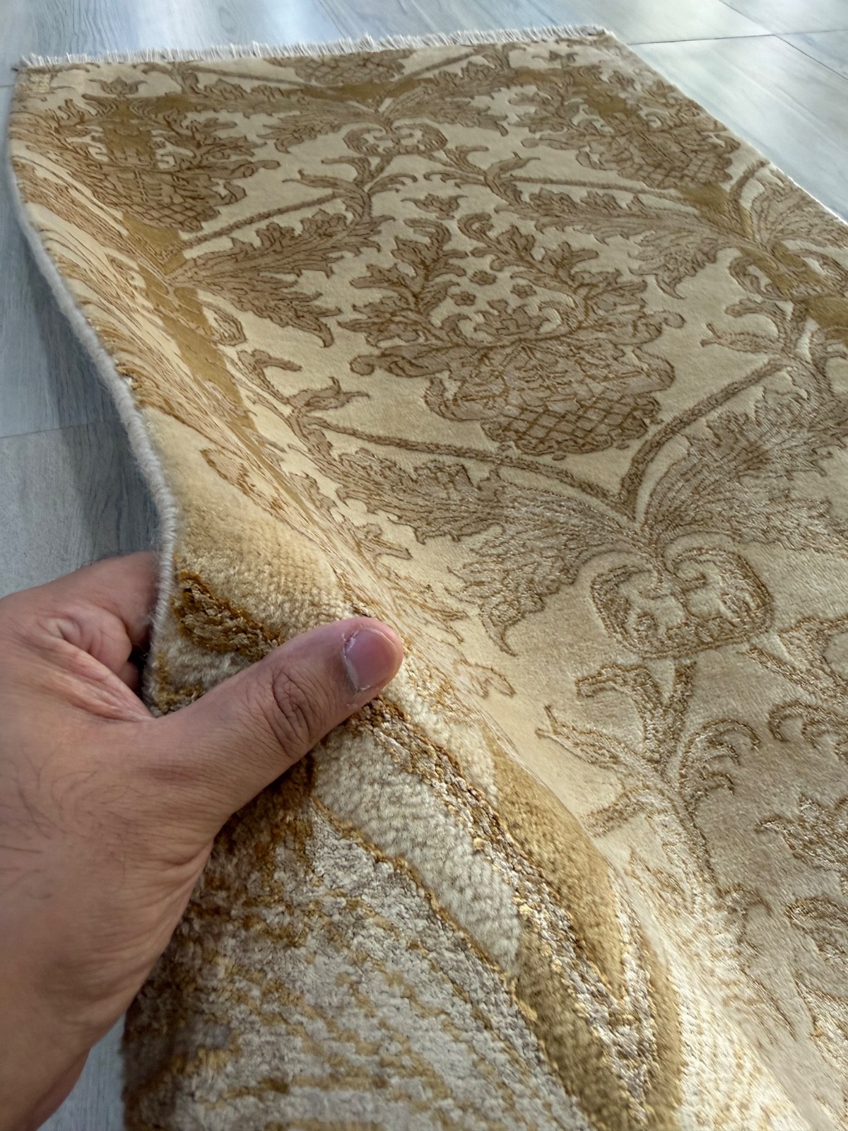 Renaissance Hand-Knotted Wool Rug 2’3″x4’6″ Traditional Cream Gold Damask Runner