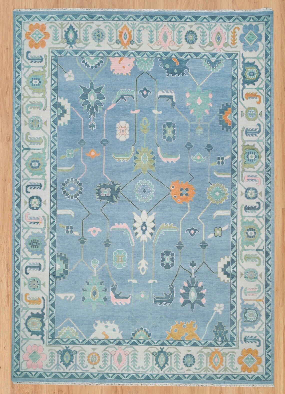 Frost Blue 8’X10′ Oushak Rug With Ivory, Lovely Pastel Area Rug With Orange