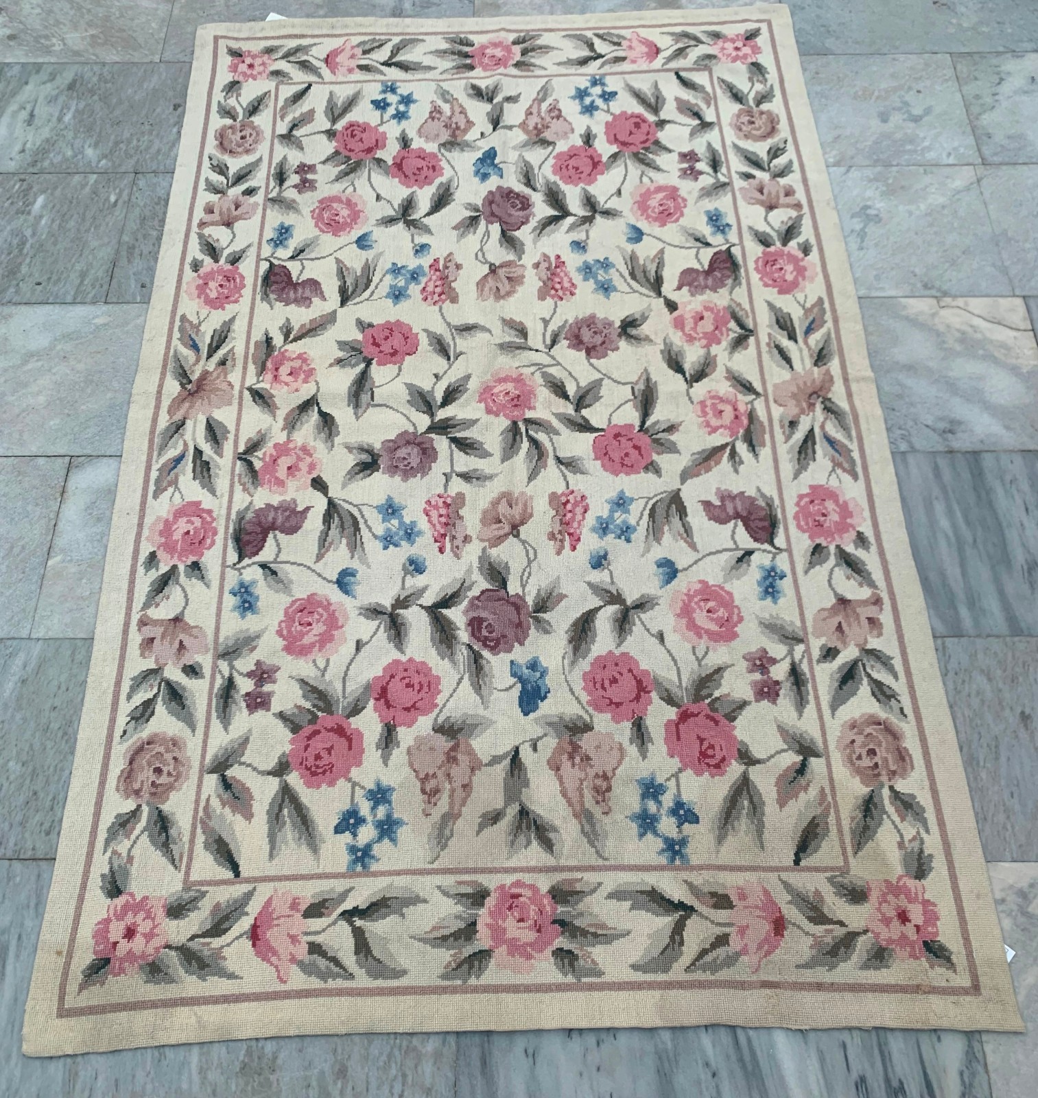 Vintage French Aubusson Rug Needlepoint Chain stitch Rug 4×6 ft Free Ship