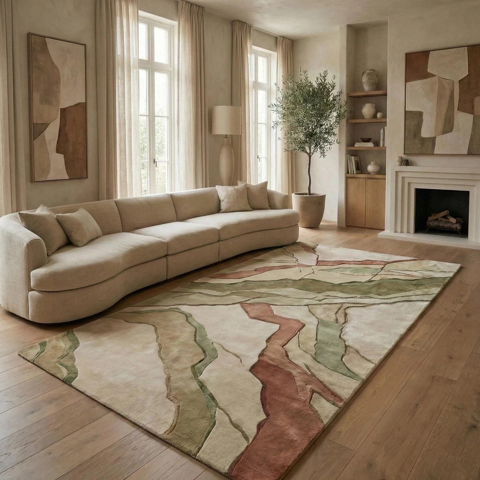 Hand-Tufted Wool Area Rug – Modern Abstract Landscape Design living room
