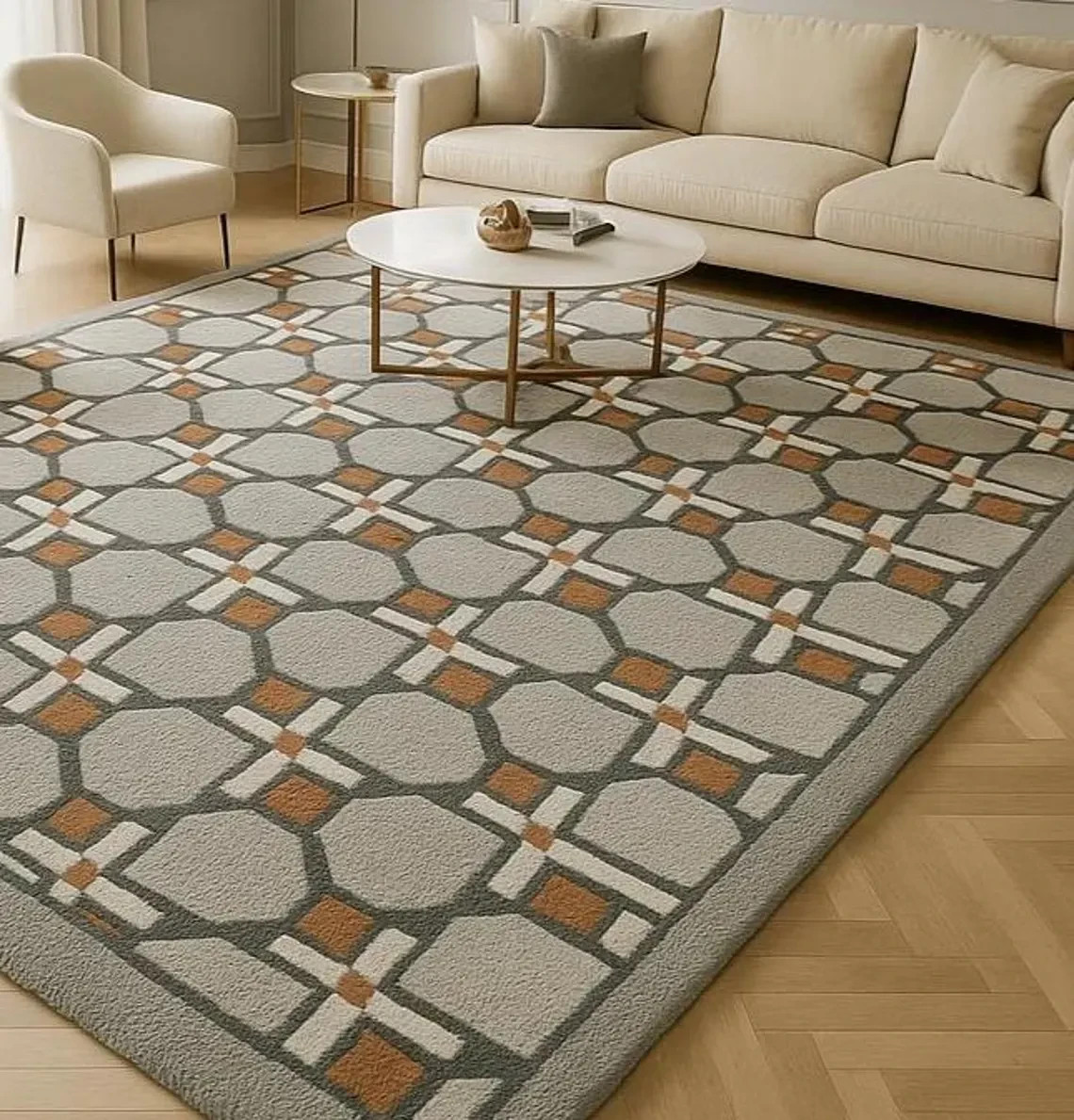 Hand-Tufted Wool Area Rug, Modern Geometric Design, Neutral Area Rug Carpet