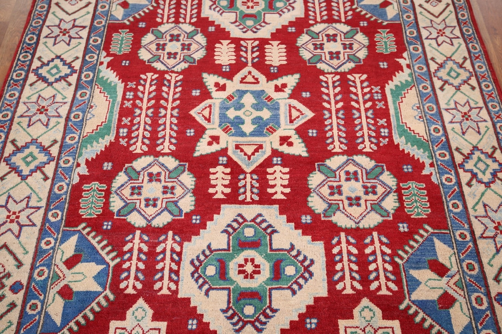 Geometric Tribal Style Kazak Hand-Knotted Bedroom Sized Rug 5×7 ft