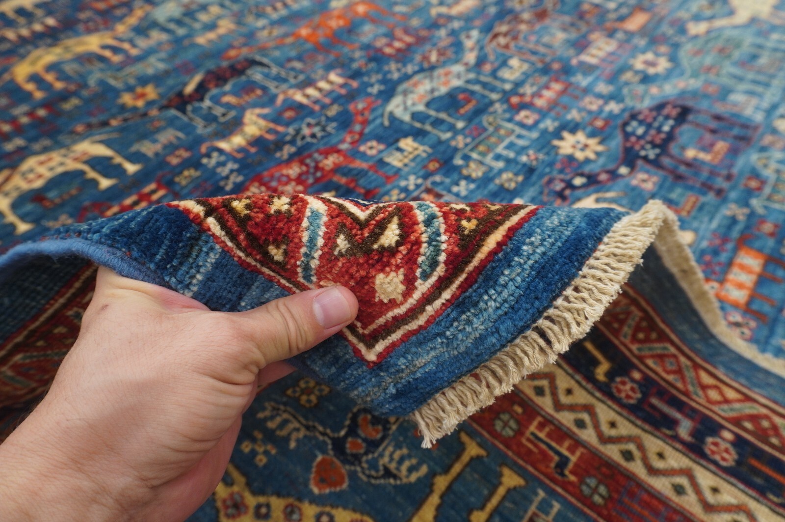 9 x 12 ft Blue Camel Gabbeh Tribal Afghan Hand Knotted Veg dye Wool Area Rug