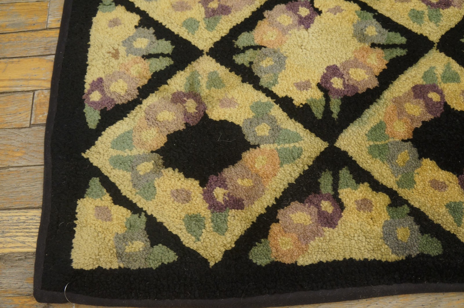 European Floral Motif Striking Black Tan Contrast Antique American Geometric