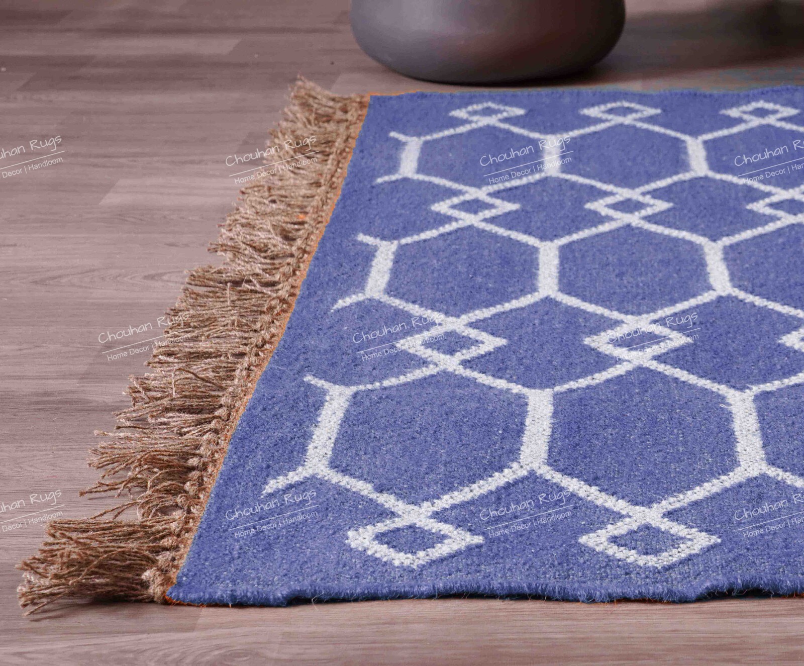 Vintage Turkish Hand-Woven Kilim Flat Weave Area Rug, Blue Rug With White Design