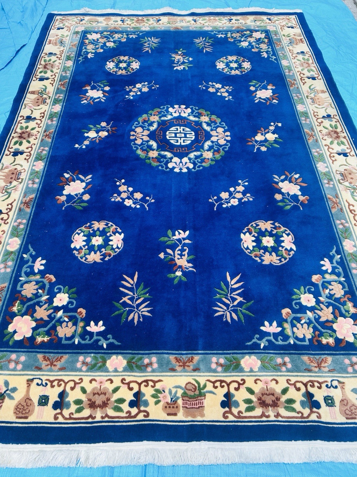 Hand-knotted Wool Oriental Chinese Floral Fringed Area Rug Blue 6.5×9.11 ft