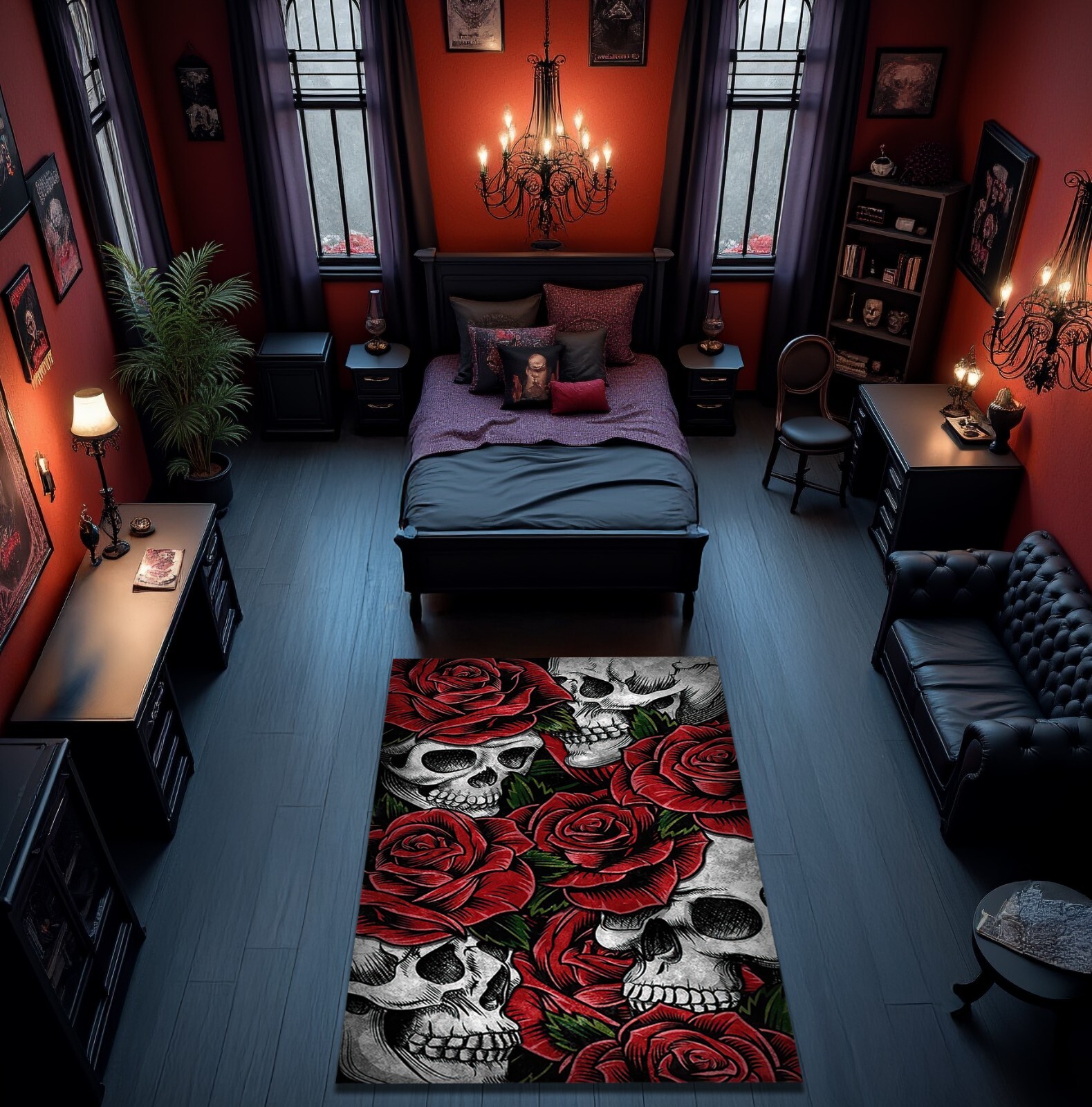 Skull and Red Roses Rug Horror Themed Spooky Dorm Mat Gothic Style Carpet Decor