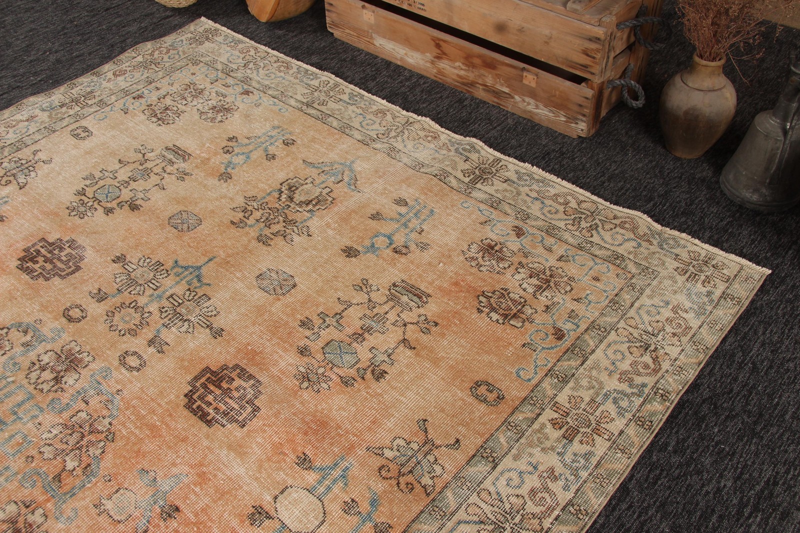 6,8×10 ft Vintage Rug, Orange Solid Turkish Wool Rug