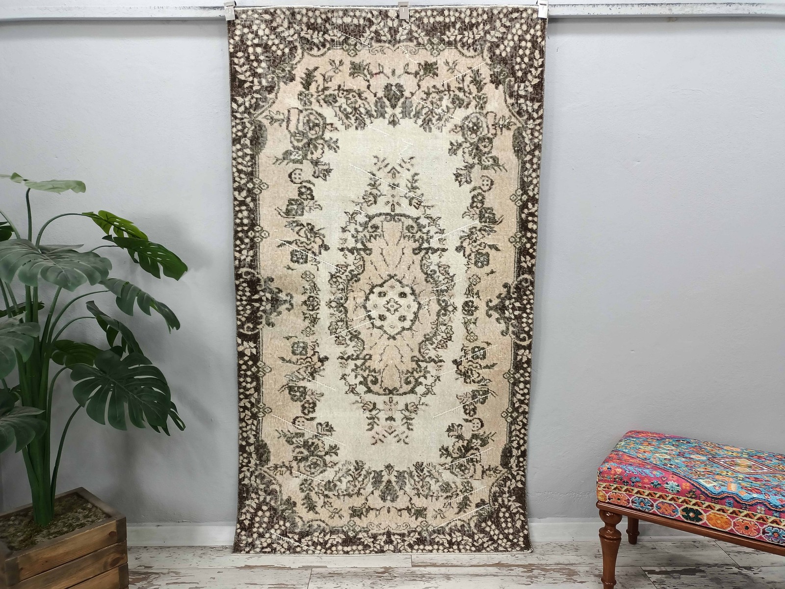 Hand Knotted Rug Vintage Turkish Woolen Botanical Farmhouse 3.7×6.8 Ft