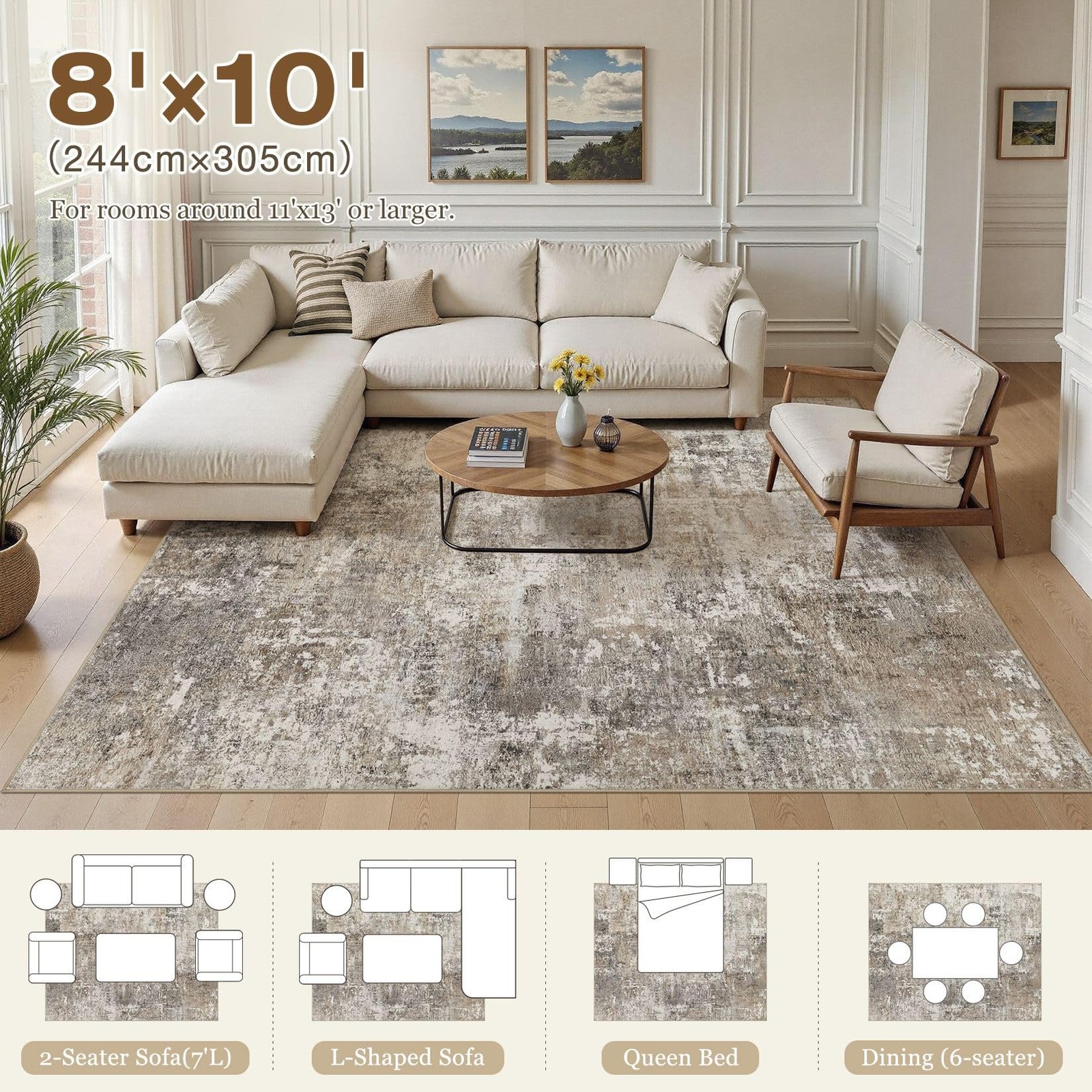 Jessibou Area Rugs 8×10 Living Room: Washable Large Abstract Modern Neutral R…