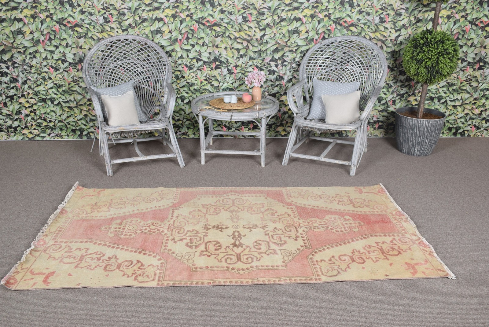 3,7×7 ft Vintage Rug, Pink Solid Turkish Rug Wool