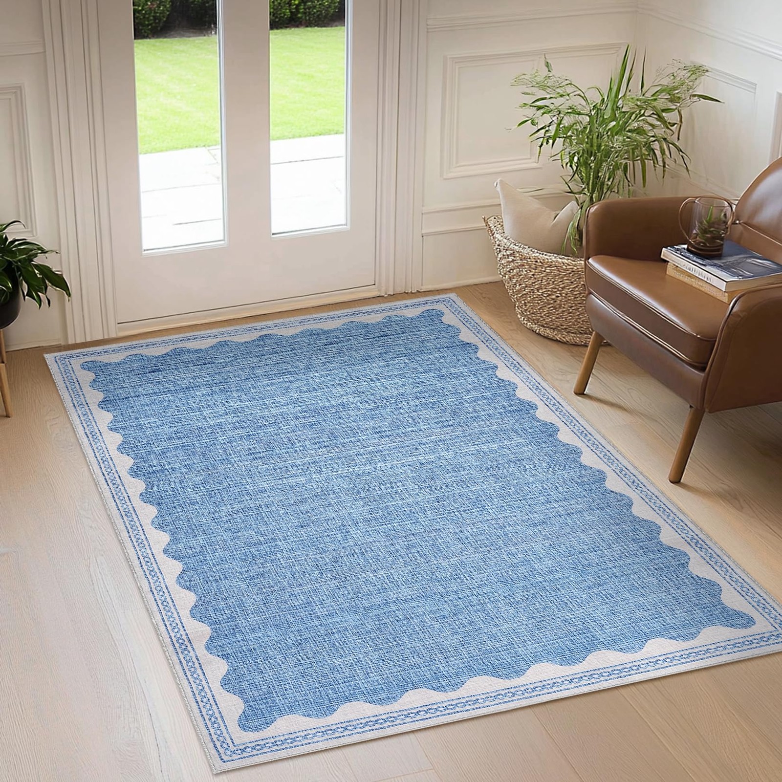 CAREMEE 3×5 Scalloped Rug for Entryway Bedroom – Solid Blue Washable Non-Slip