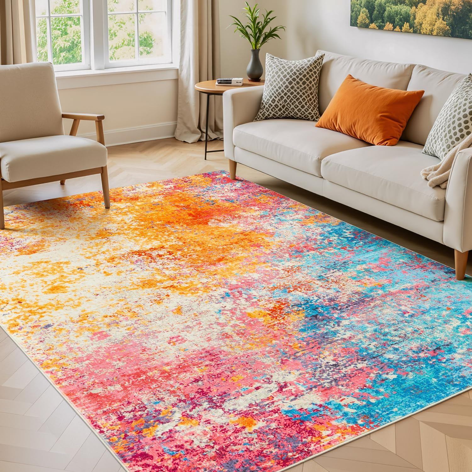 5X7 Area Rugs for Living Room, Colorful Rainbow Washable Rug Stain-Resistant Low