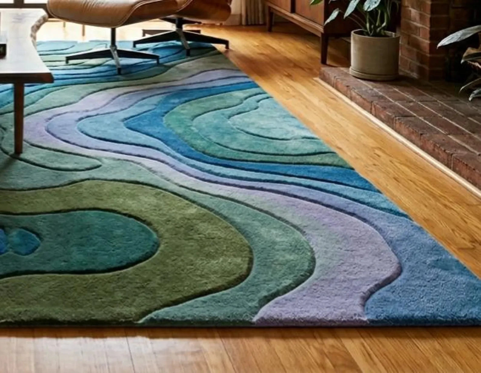 6X9 Hand Tufted Abstract Wave Area Rug – 8×10 ft | Blue & Green Carved Wool Rug