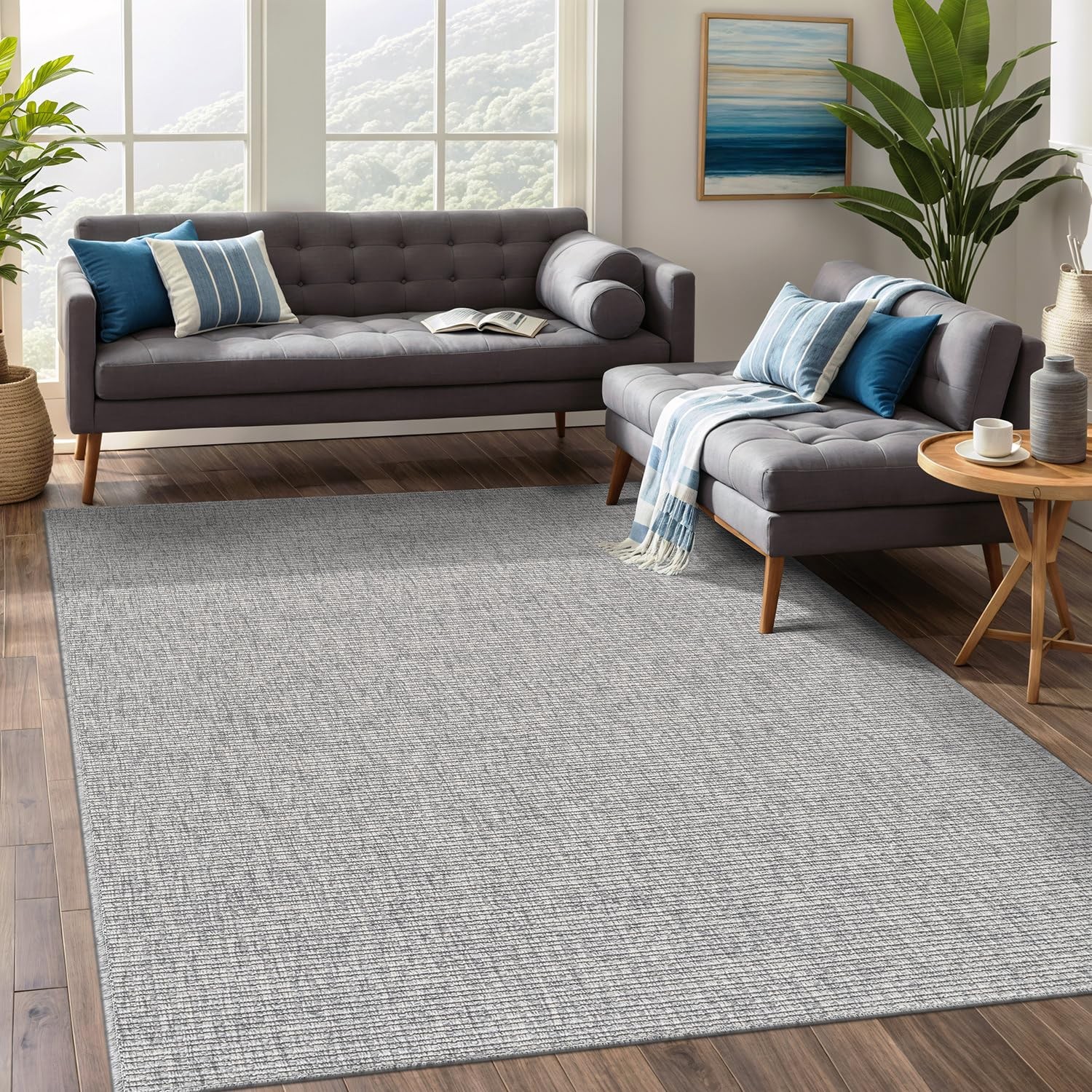 Beverly Rug Easy Jute Gray Rug 5×7 Solid Washable Durable Outdoor Indoor Area…