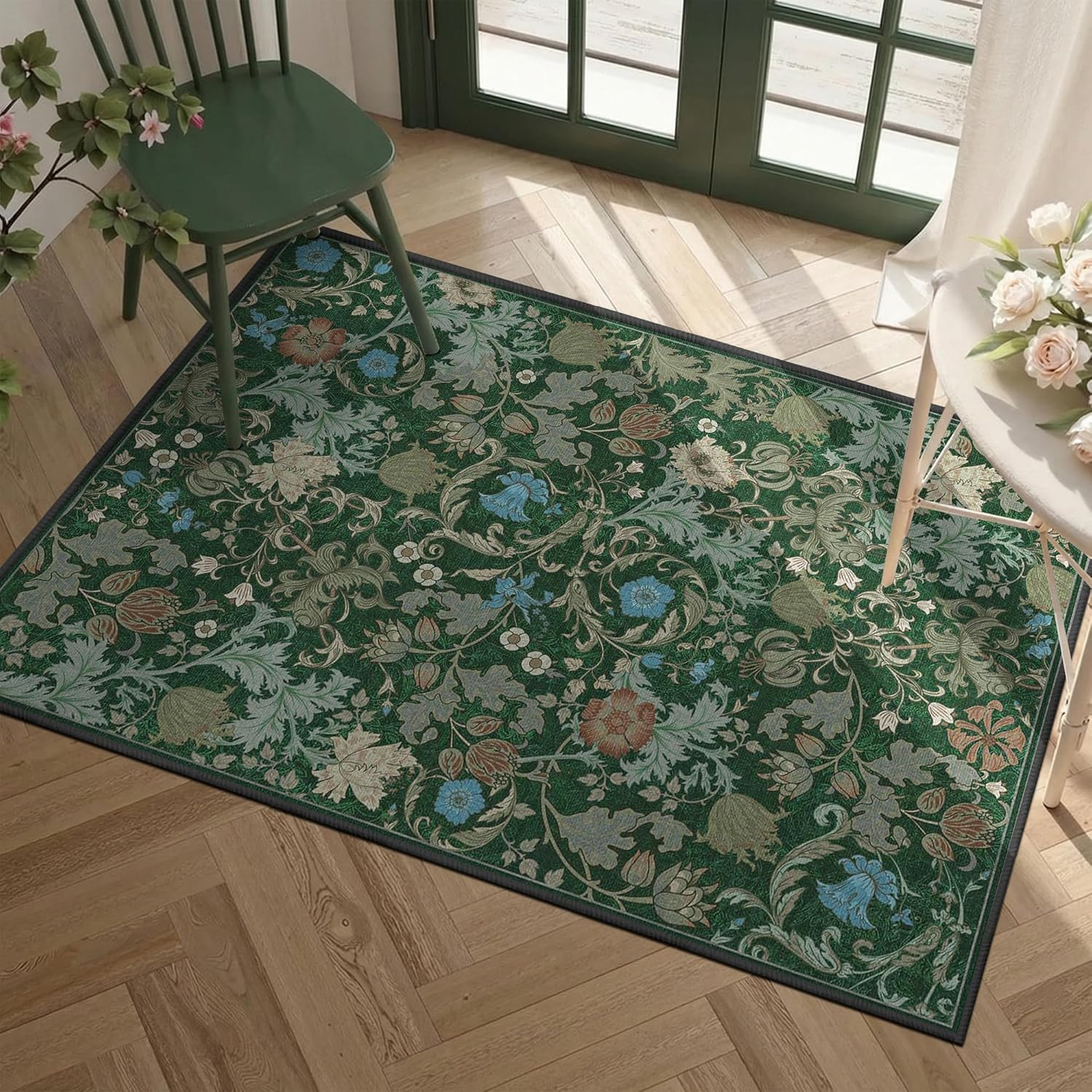 Forest Green Washable Floral Area Rug 2×3, Vintage Farmhouse Botanical Rug, Non