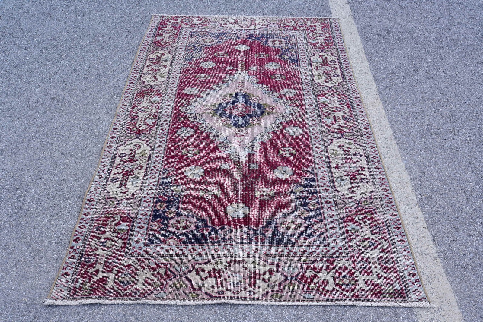 Turkish Vintage Rug 4,4×7,5 ft, Red Plants & trees Wool Rug