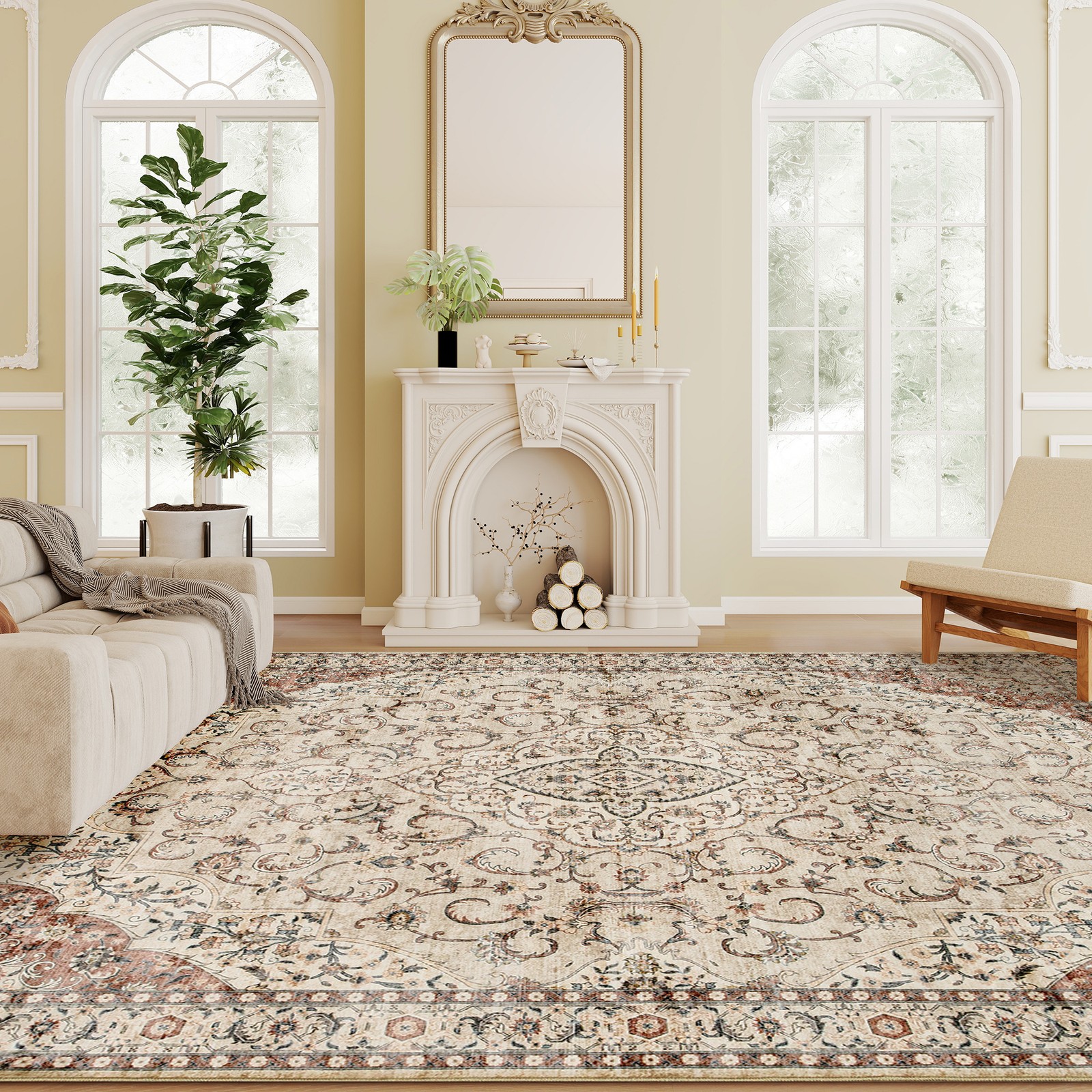 8×10 ft Classic Floral Machine Washable Area Rug, Non-Slip Brown Indoor Rug